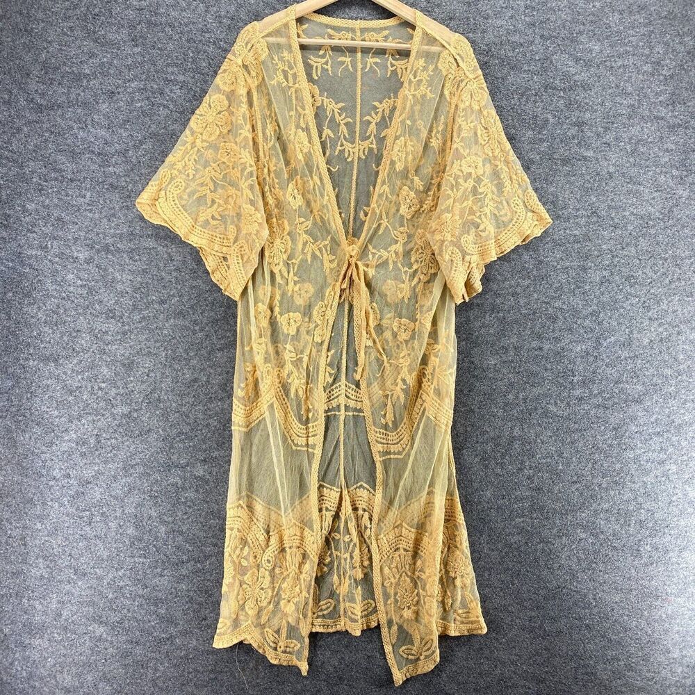 5/$45 Top Women One Size Beige Floral Embroidered Sheer Tie Up Cover Up - Picture 1 of 8